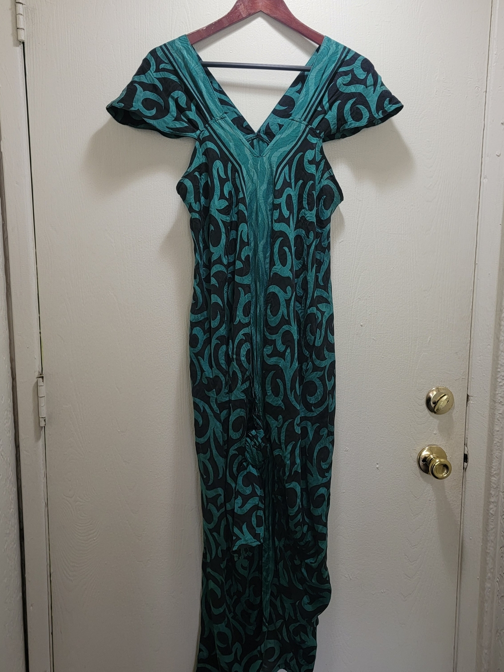 Indie Ella Silk V-Neck Maxi Dress in Teal and Black